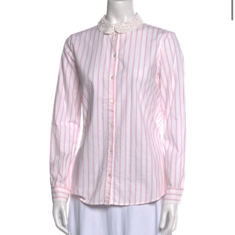 Sezane Striped Long Sleeve Button-Up Top with Lace Collar